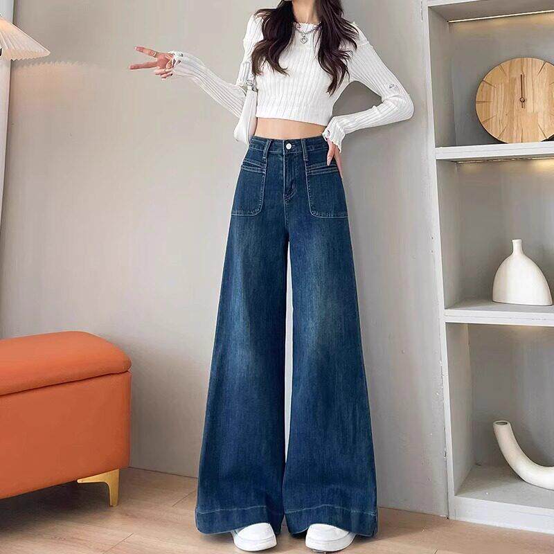复古蓝阔腿牛仔裤女夏季2026新款高腰宽松显瘦垂感百搭喇叭拖地裤