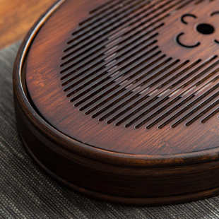 茶海茶托盘功夫茶具胡桃色 九竹茶盘竹制盛水椭圆形茶台家用储水式