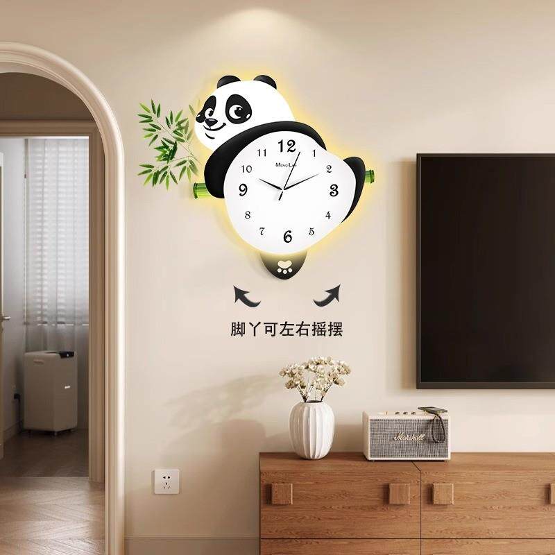 熊猫发光摇摆挂钟客厅装饰画 画时钟新简约现代饭厅沙发背景墙壁