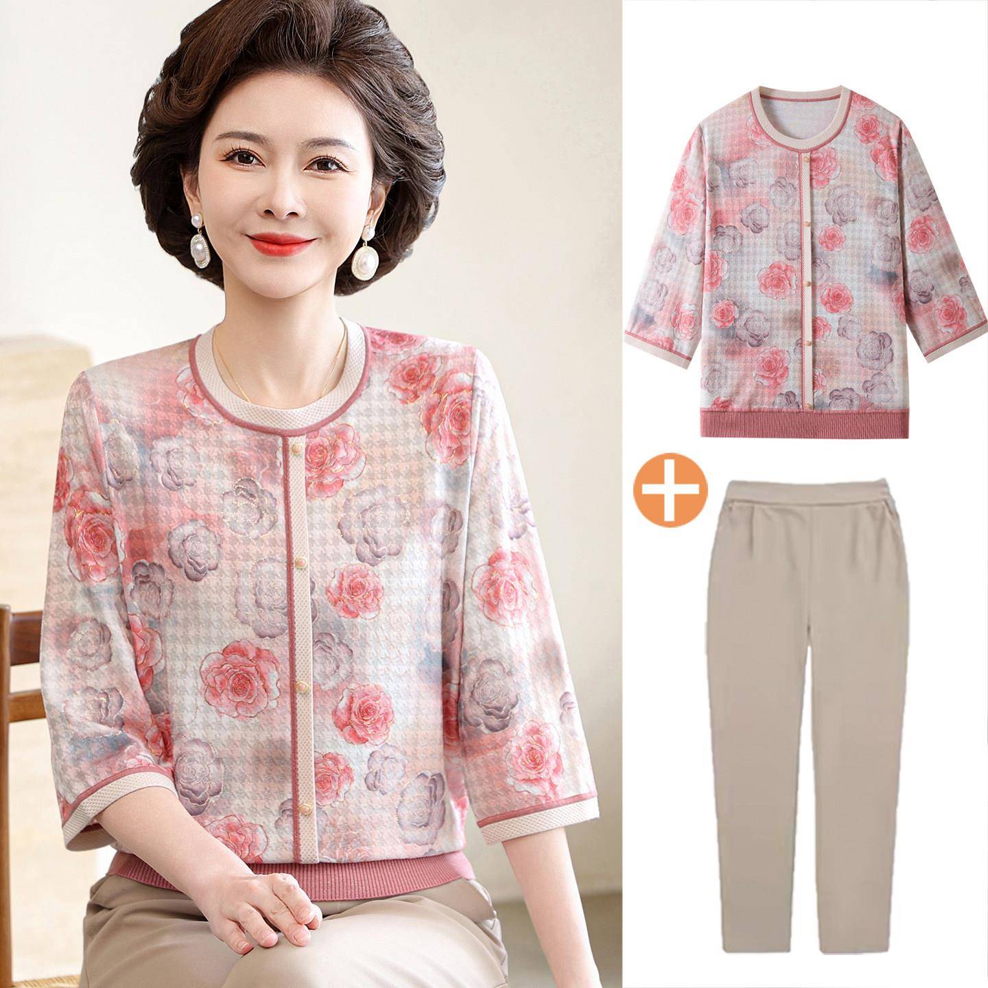 妈妈款春夏装中袖T恤中年妇女圆领上衣服50-60岁中老年人奶奶套装