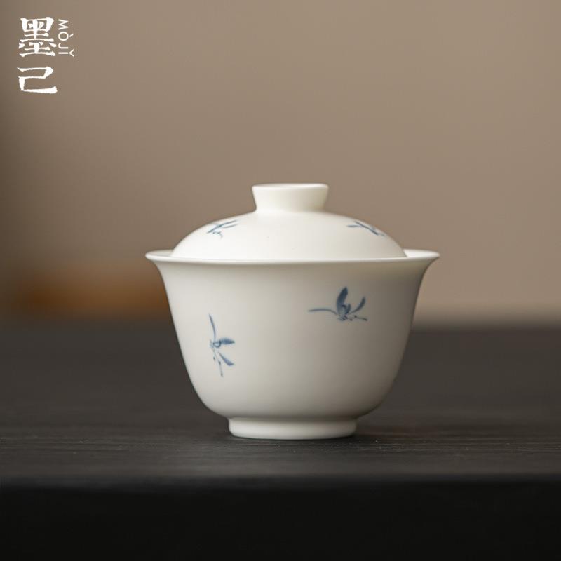 墨己 哑光白手绘秋水兰花陶瓷盖碗 两才文人泡茶公杯茶具家用茶碗