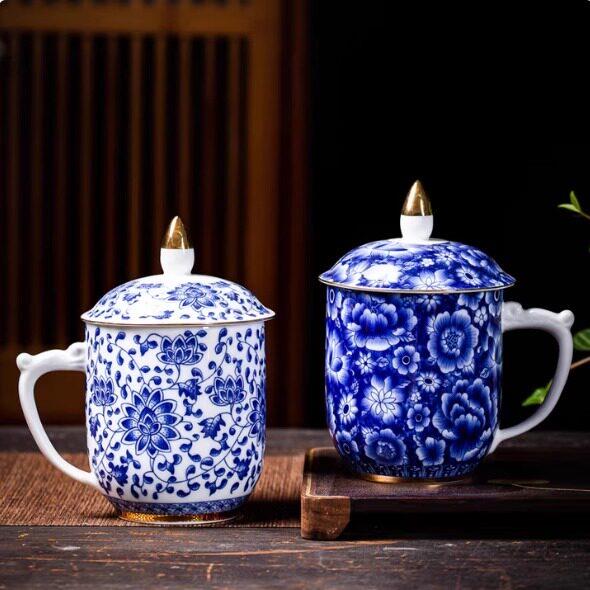 珐琅彩青花陶瓷水杯复古老式带盖子办公室茶水分离过滤泡茶杯办公
