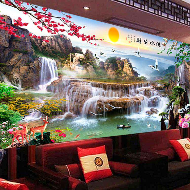 流水生财十字绣2026新款线绣客厅大幅大气山水画迎客松自己绣手工