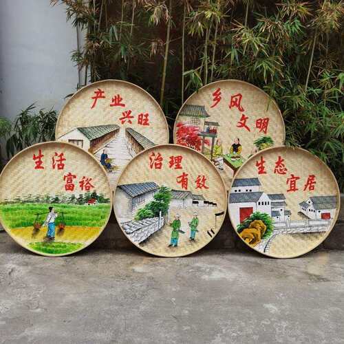 手绘圆竹编簸箕画田园农家乐墙面装饰画复古怀旧美丽乡村振兴挂画