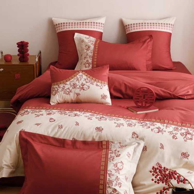 婚庆100S澳棉纯棉四件套精致刺绣全棉拼接被套结婚床上用品红色,床上用品,婚庆床品套件,淘宝优惠券,粉丝福利购,淘宝优惠卷