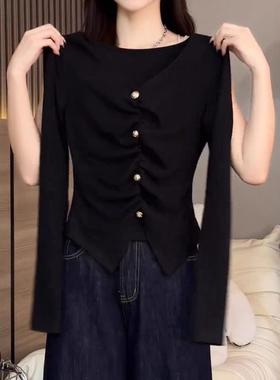 春女打底衫今年新款2026季大码黑色V领褶皱长袖T恤修身显瘦0110k