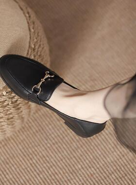 真皮法式乐福鞋女春秋新款马衔扣黑色小皮鞋软底英伦风平底单鞋女