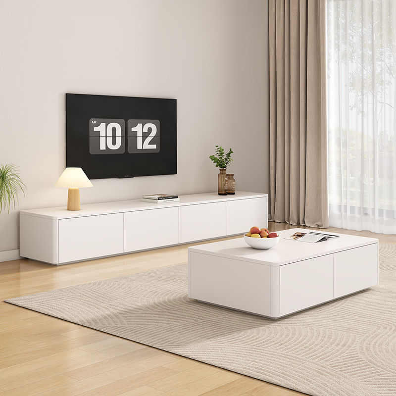 实木茶几电视柜简约现代落地柜翻门镂空奶油风客厅家用组合电视柜