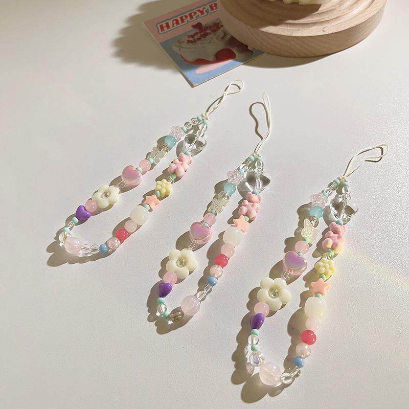 新款diy彩色花朵手提链串珠链条挂饰手绳通用手机壳ins手机挂绳女