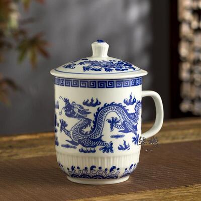 陶瓷茶杯超大号霸王杯主人杯1600ml大容量青花瓷中式办公杯