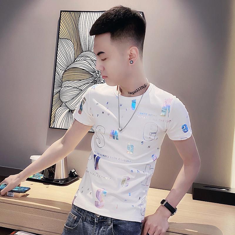 夏季潮流青年短袖t恤男薄款冰丝潮牌打底衫修身弹力印花半袖上衣