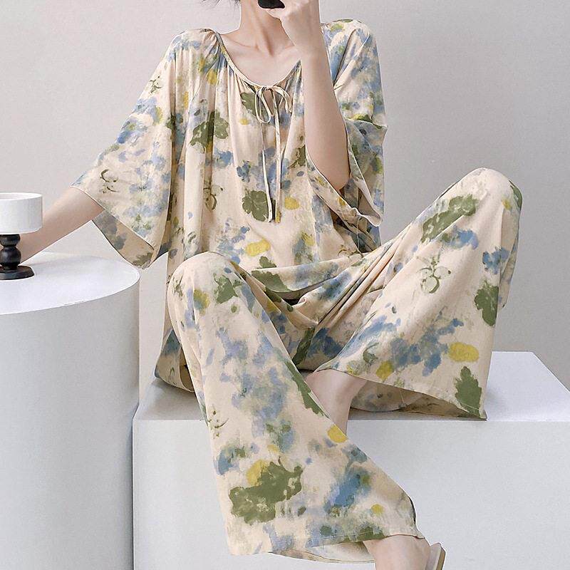 夏季新款女新中式睡衣女春秋棉绸加肥加大码胖mm300斤200斤人造棉