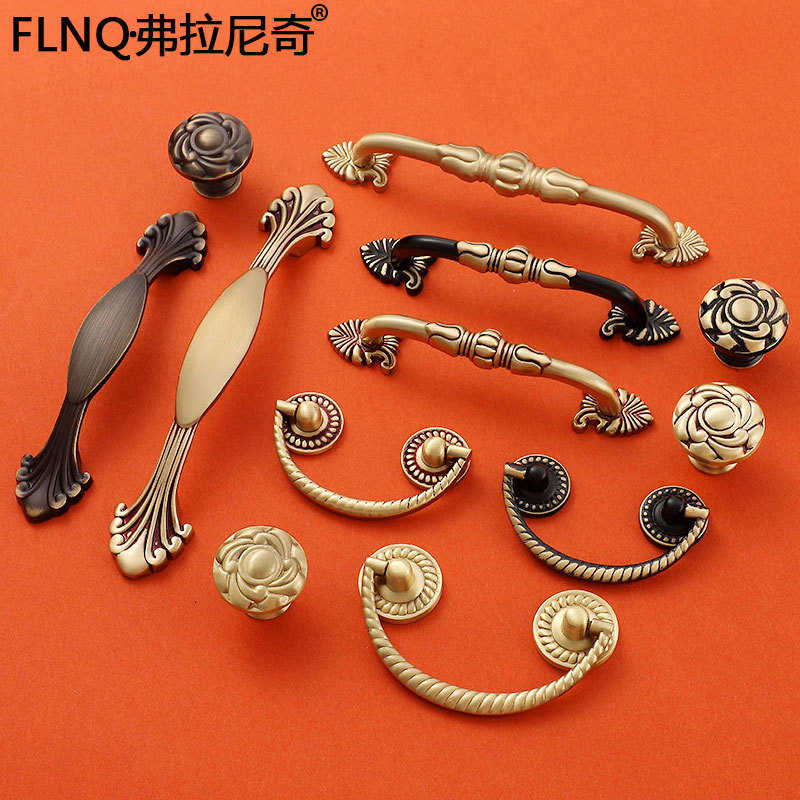 橱柜抽屉衣柜门纯铜把手欧式黄铜仿古浮雕花纹拉手全铜美式古典风