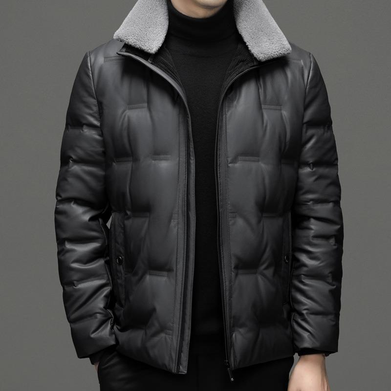 冬季海宁真皮羽绒服男加肥加大码绵羊皮夹克胖子肥佬皮衣加厚外套