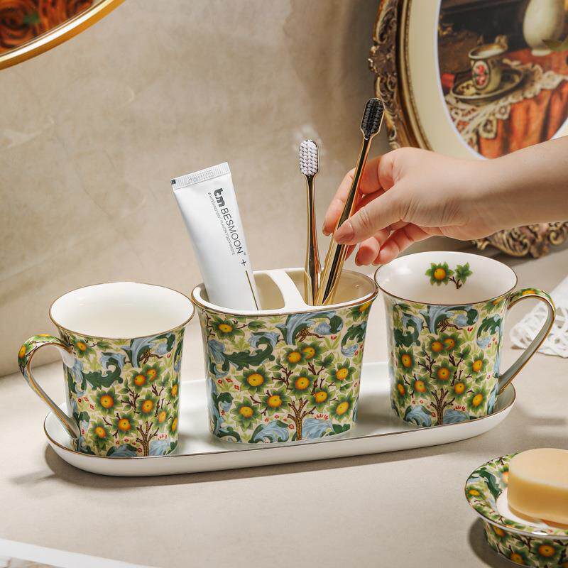 高端欧式乡村浴室陶瓷漱口杯卫生间洗手台牙具刷牙杯卫浴洗漱套装