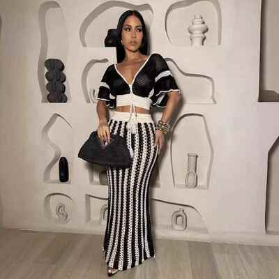 Skirt Sets Women 2 Piece Outfits Crochet Crop Tops and