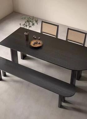 实木椭圆形侘台半圆家用岛客厅长桌中小户型黑色古风餐桌风靠墙寂