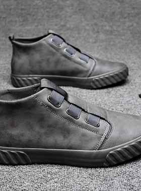 高档高帮皮鞋男马士英伦风黑色短子靴夏季丁透气板鞋一脚蹬板鞋男