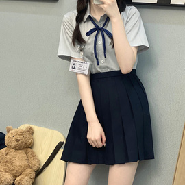 PJ制作工坊制服 雾霾蓝衬学生校服方领衬衫jk短袖上衣长款女春夏