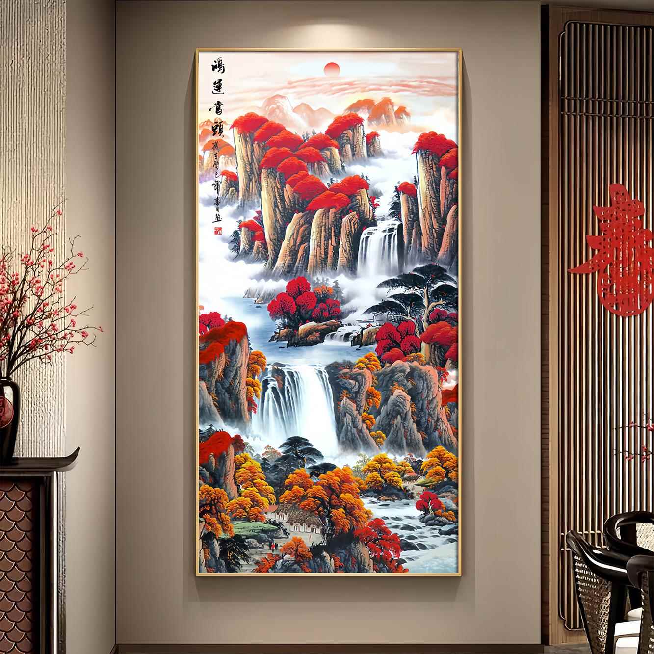 鸿运当头国画玄关装饰画镶钻带灯走廊过道山水画竖版挂画墙壁画