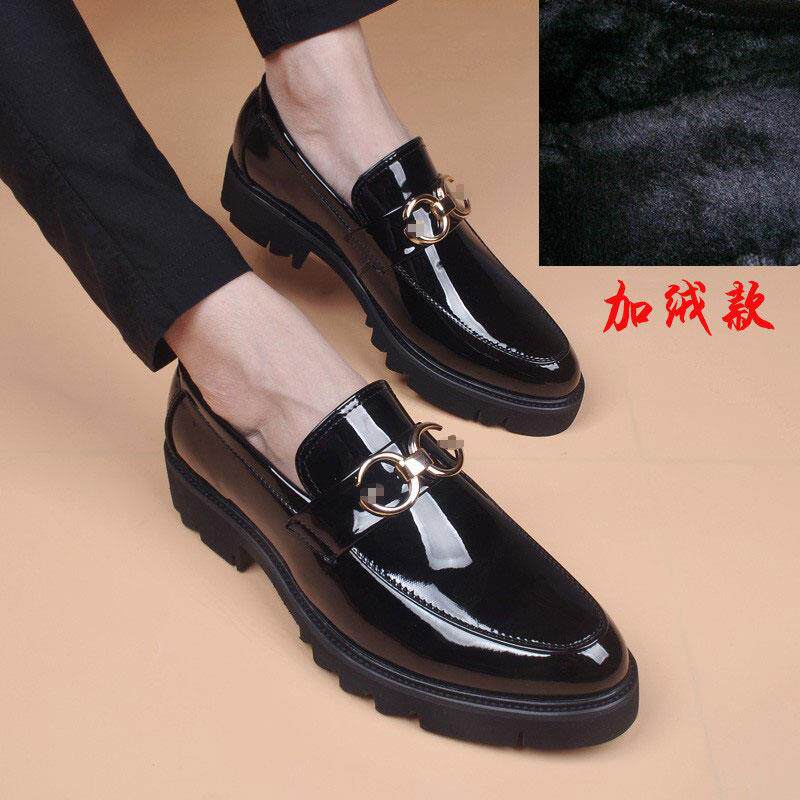 正品尖头皮休鞋鞋男韩版厚底内高布洛克潮子一脚蹬漆皮商增务闲