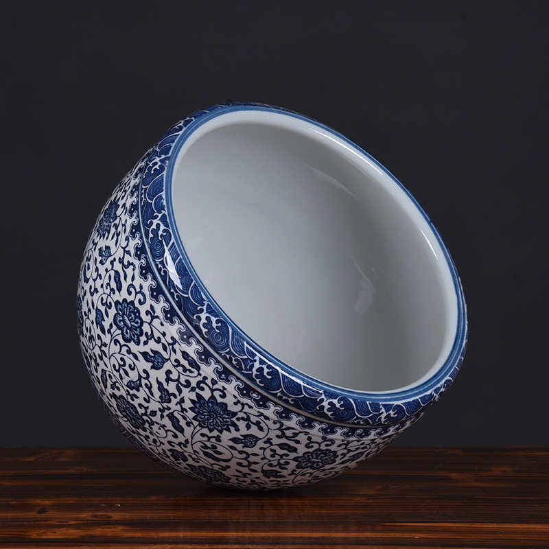 莲专用陶瓷碗草盆睡莲荷花盆盆景德镇铜钱家用养鱼青花瓷水培花盆