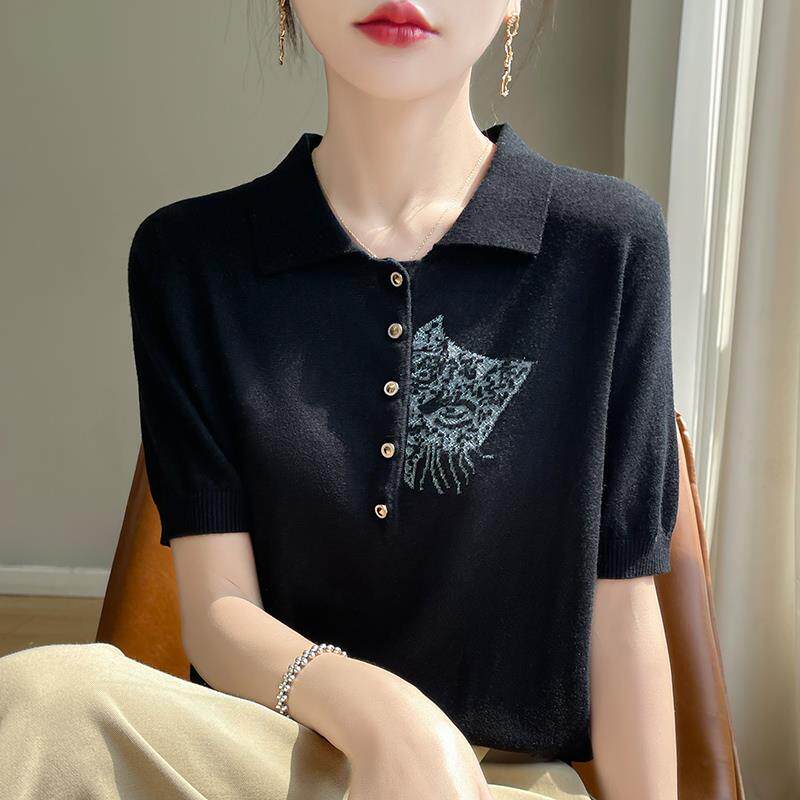 Polo领真丝短袖t恤女夏季2025新款妈妈装宽松薄款上衣冰丝针织衫