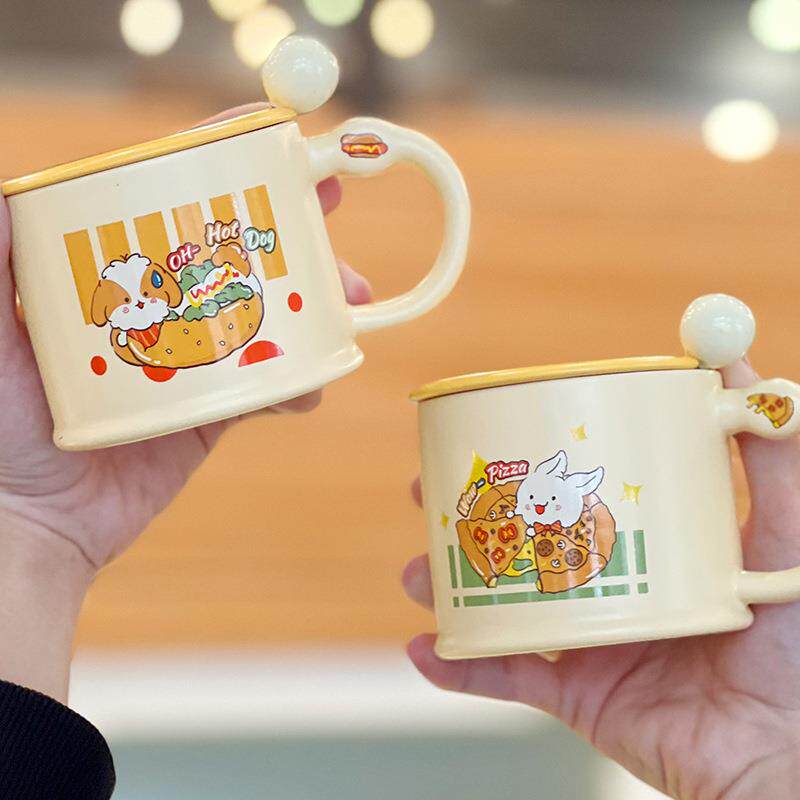 陶瓷杯可爱卡通马克杯水杯女ins食物杯带盖带勺学生创意杯子家用