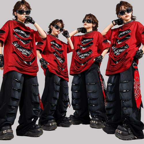 儿童街舞潮服男童嘻哈套装hiphop破洞短袖套装幼儿breaking演出服