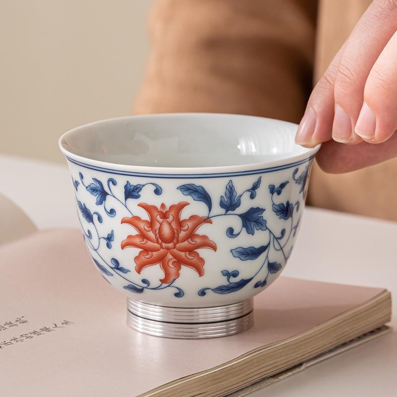 青花转转杯主人杯单杯缠枝莲白瓷茶具陶瓷茶杯功夫品茗杯新款转乾