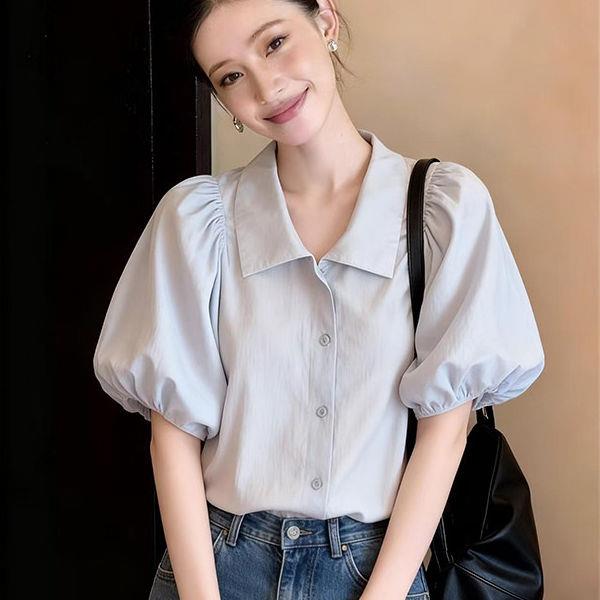 潮牌法式小翻领泡泡袖衬衫女时尚新款超好看蓝色高级感洋气上衣潮