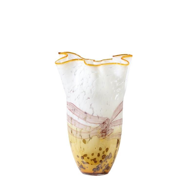 中古风不规则花瓣口琉璃花瓶重工琥珀橘渐变褶皱大口径花软装摆件