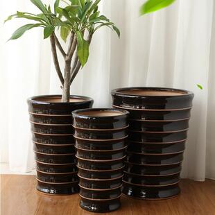 新款 高筒陶瓷花盆大号螺纹花盆客厅商场落地室内金钱树发财树绿萝