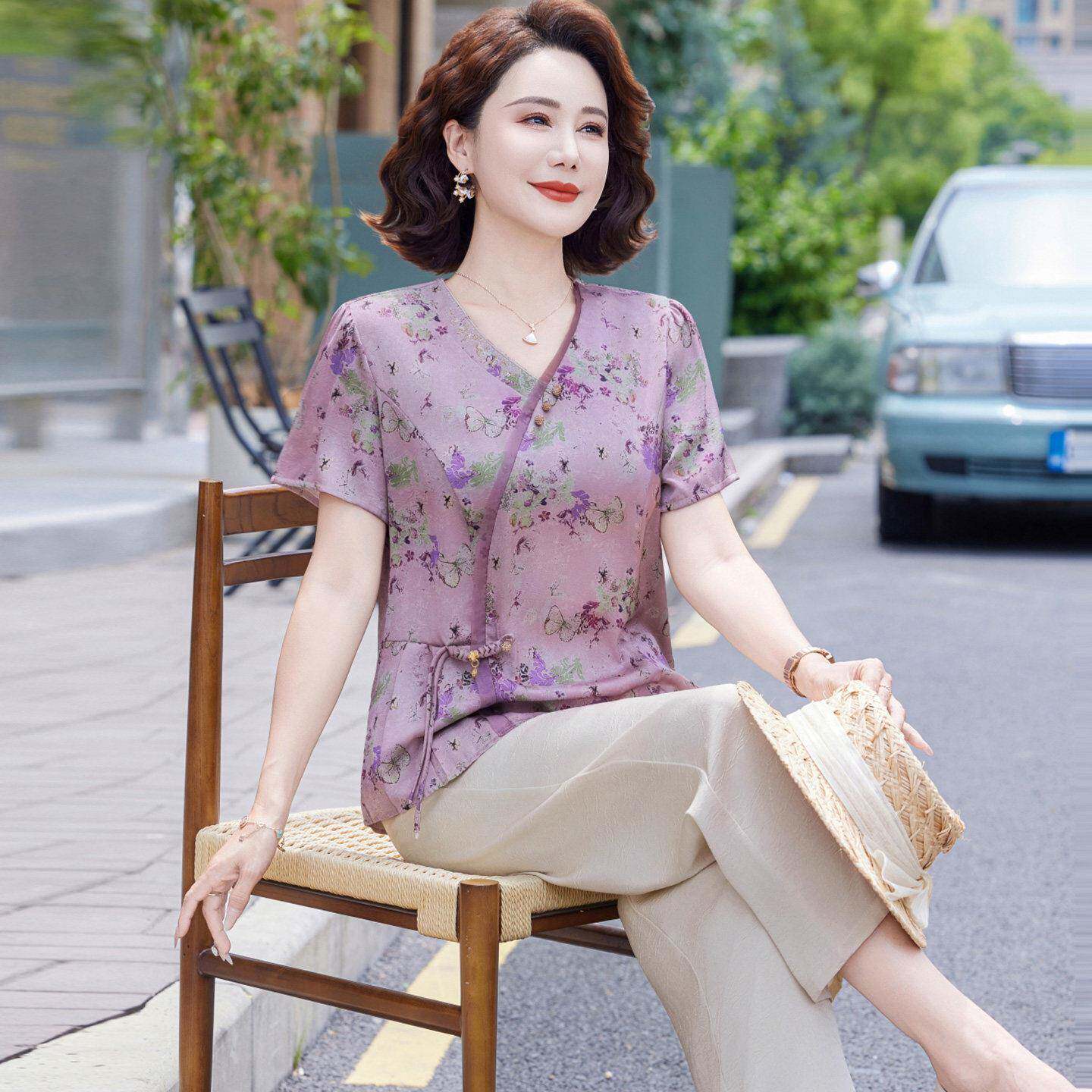 国风中年T恤女短袖夏装桑蚕丝100%两件套妈妈印花真丝V领上衣薄