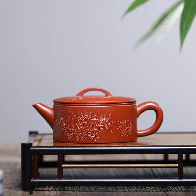 宜兴手工正紫砂壶式茶壶纯手工刻竹叶茶具竹刻汉宗瓦中101935竹壶