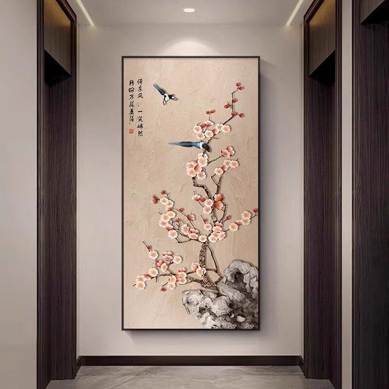 新中式喜上眉梢玄关装饰画梅花入户正对门入户玄关挂画花鸟画壁画