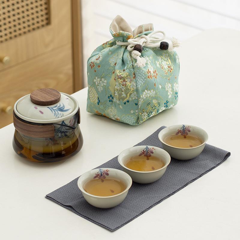 手绘紫藤花快客杯一壶三杯玻璃旅行茶具套装户外泡茶壶便携收纳包
