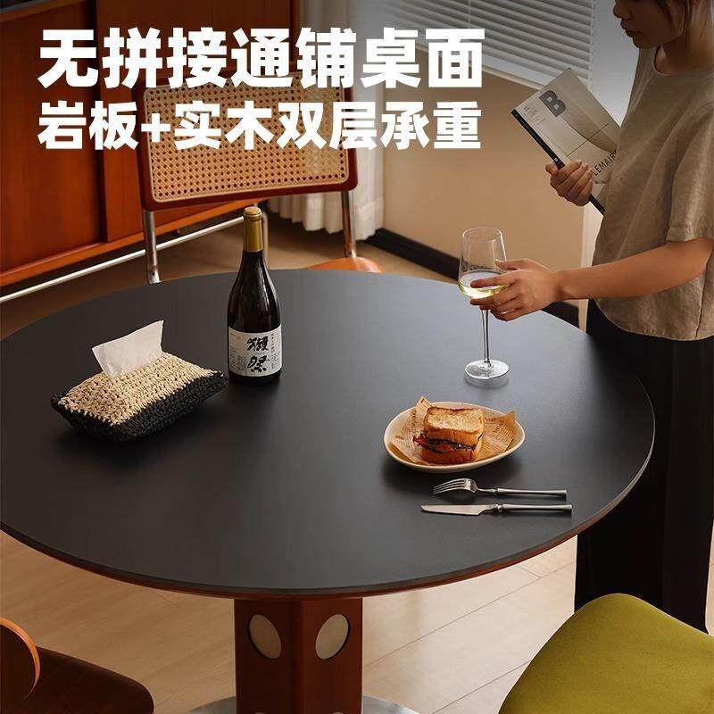 中古风圆桌复古金属腿伯格餐桌家用小户型小圆桌简约实木岩板饭桌