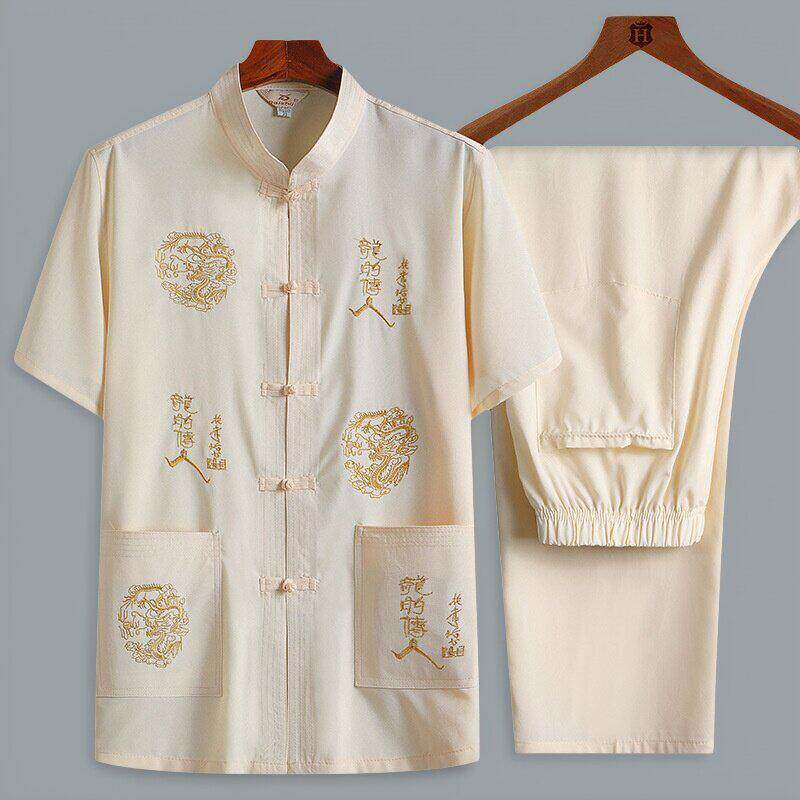 中国风中老年唐装男夏季短袖套装爷爷装太极汉服老人衣服爸爸夏装