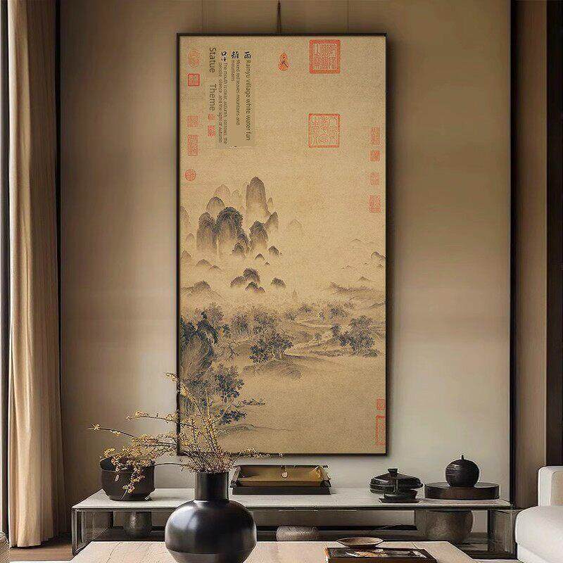 山水画茶室挂画禅宗新中国风入口大厅装饰画花鸟书房壁画茶桌茶文