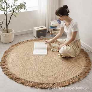 黄民麻编织侘寂圆形地客毯厅胶简约311宿编织茶几卧室床边流苏无