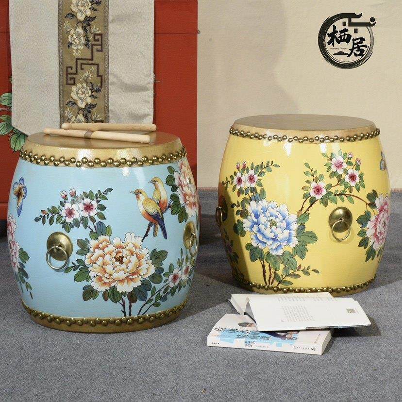 新中国风实木牛皮鼓凳红木圆凳家居门换鞋凳旧彩绘沙发凳古筝凳