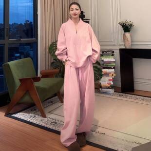 休闲时尚 胖MM半拉链卫衣裤 套装 大码 子两件套 女2025秋季 欧洲站时尚