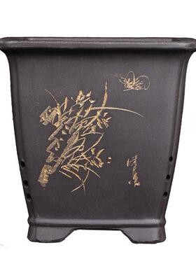 紫砂兰花盆黑色刻绘精品四方六角文竹吊兰多肉菖蒲客厅盆景盆