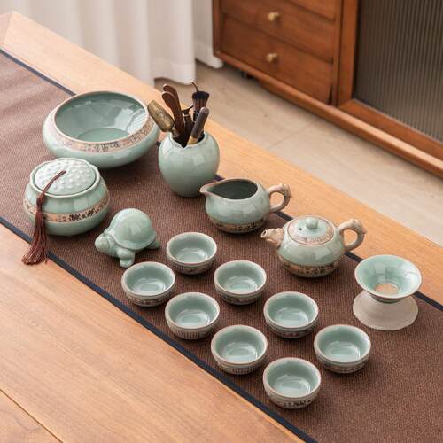 高档哥夫窑功整套茶具套装05新款家用办公室陶瓷泡2茶壶茶杯2节日