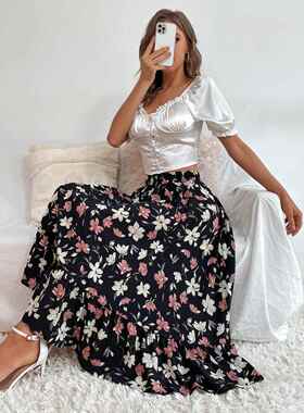 vintage floral print skirts -line pleated long women skirt