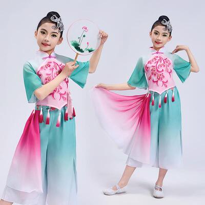 高档儿童古典新舞演出服女童秧歌舞蹈服飘逸款子舞表演扇服艺考服