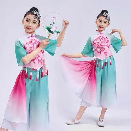 高档儿童典舞套演古出服女童新款飘秧歌舞蹈服逸扇子舞表演服艺考