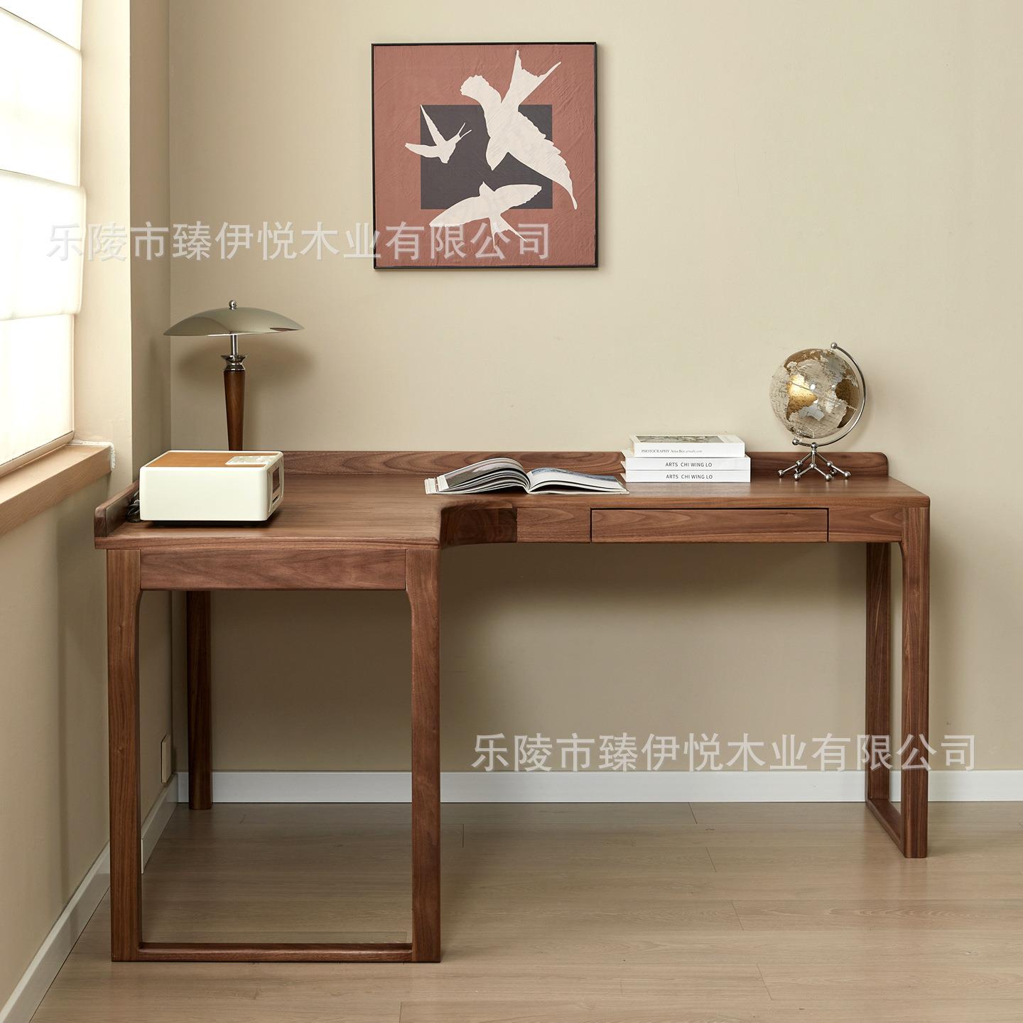 北欧实木黑胡桃木转角书桌纯实木橡木电脑桌L型带抽屉拐角式飘窗