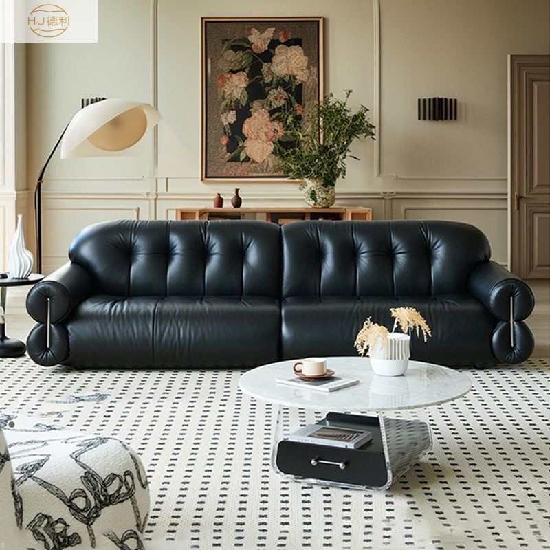 意式极简皮艺沙发客厅高级感极简皮艺沙发黑色轻奢直排皮艺沙发